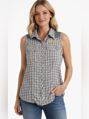 Harley‑Davidson Genuine MotorClothes Sleeveless Plaid Biker Cotton Embroidered S